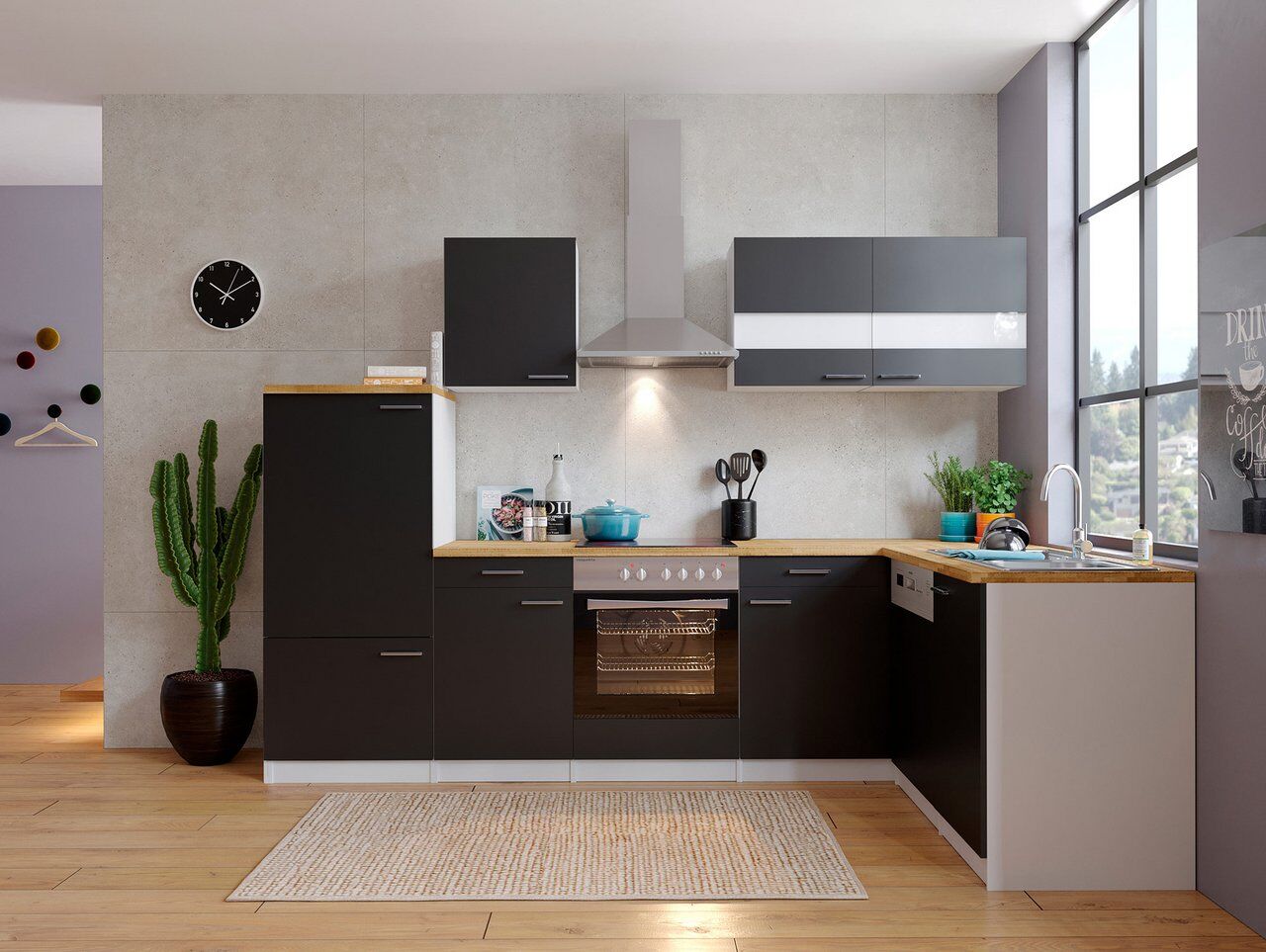 Complete hoekkeuken met houten werkblad, witte ombouw en zwarte frontjes