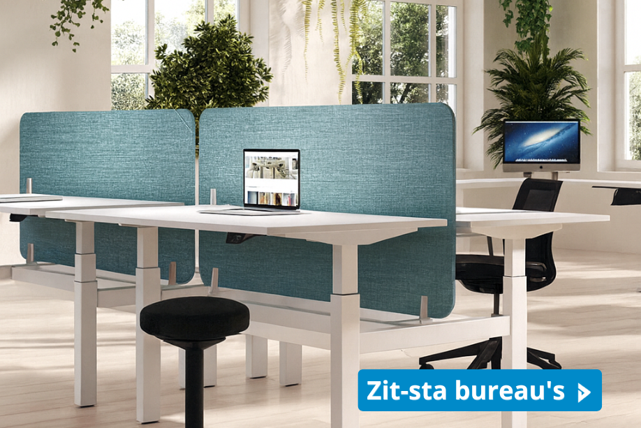 Duo zit-sta bureau met blauwe scheidingswand