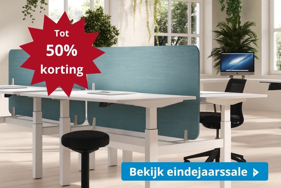 Duo zit-sta bureau met blauwe scheidingswand