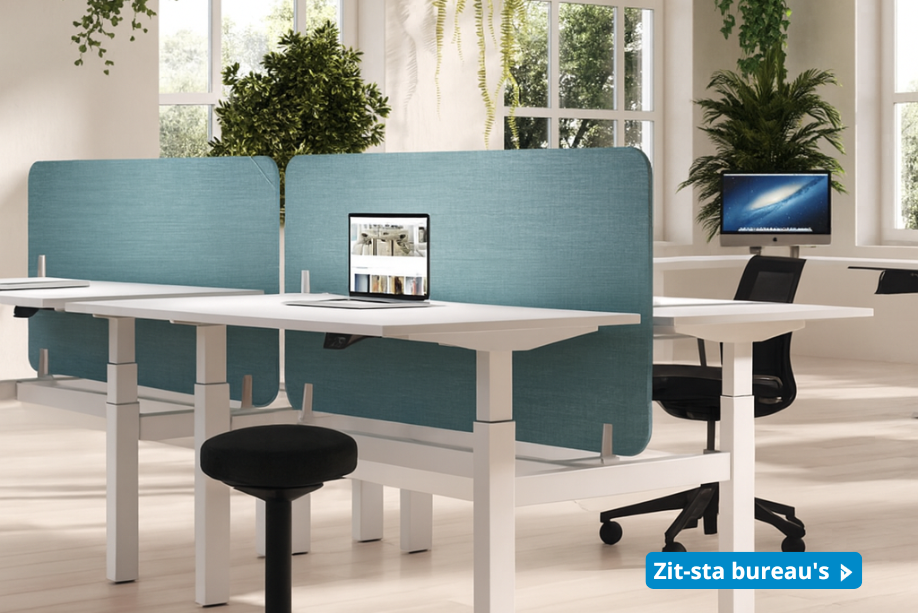 Duo zit-sta bureau met oranje scheidingswand